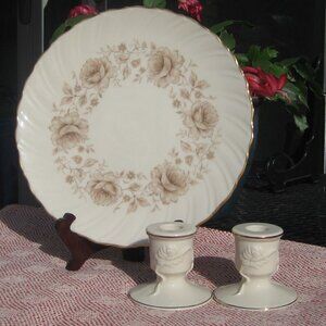 LENOX COQUETTE Dinner Plate & ROSE BLOSSOM Ivory Candle Holder w/24kt Gold Trim